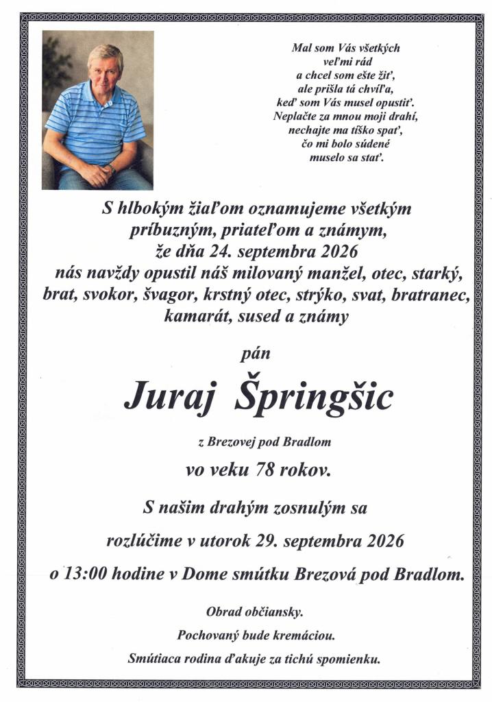 Smútočné oznámenie – Juraj Špringšic